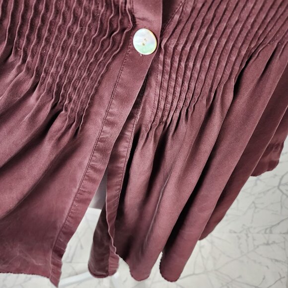 Elizabeth & James Maroon 100% Silk Single Button Pintuck Flowy Tokyo Blouse - Picture 2 of 7